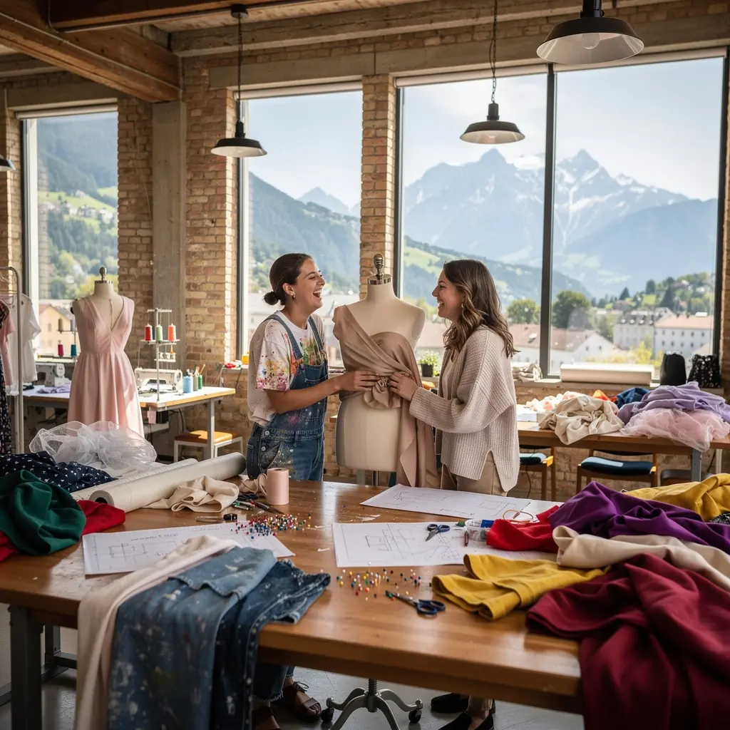 Ein Student entwirft ein modisches Kleid mit Stoffmustern.