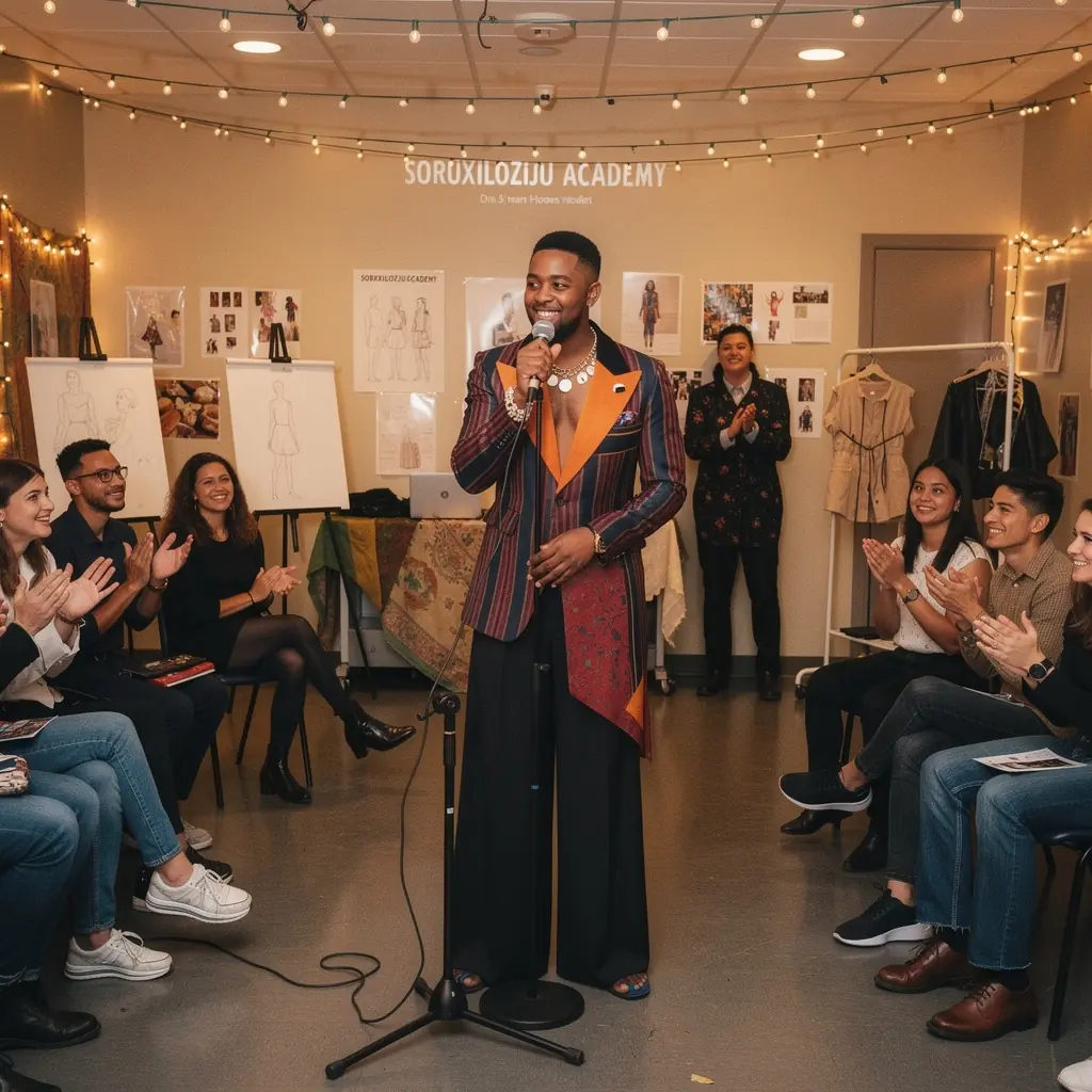 Eine Gruppe von Studenten näht gemeinsam an ihren individuellen Modeprojekten in einem hellen Schulungsraum.