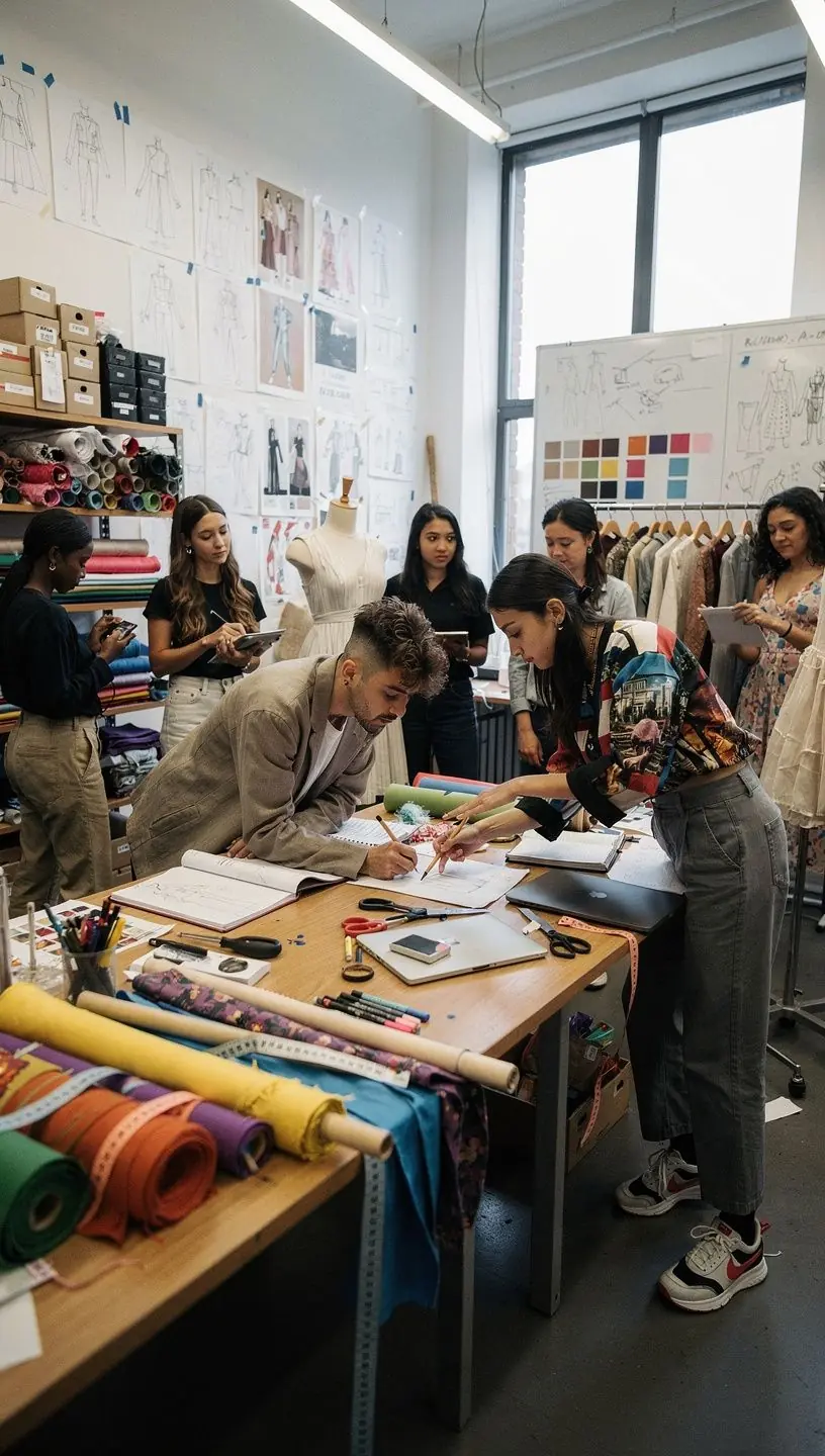 Eine Gruppe von Studenten näht gemeinsam an ihren individuellen Modeprojekten in einem hellen Schulungsraum.