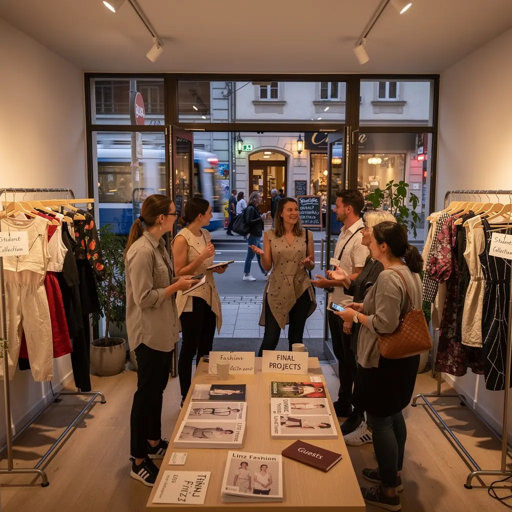 Eine Gruppe von Studenten näht gemeinsam an ihren individuellen Modeprojekten in einem hellen Schulungsraum.